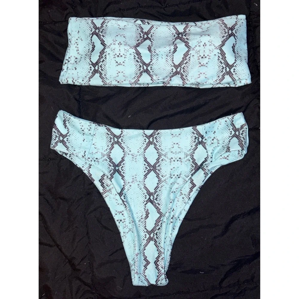 Women's Blue & Black Snakeskin Print‎ Bandeau Bikini Set, Size Large